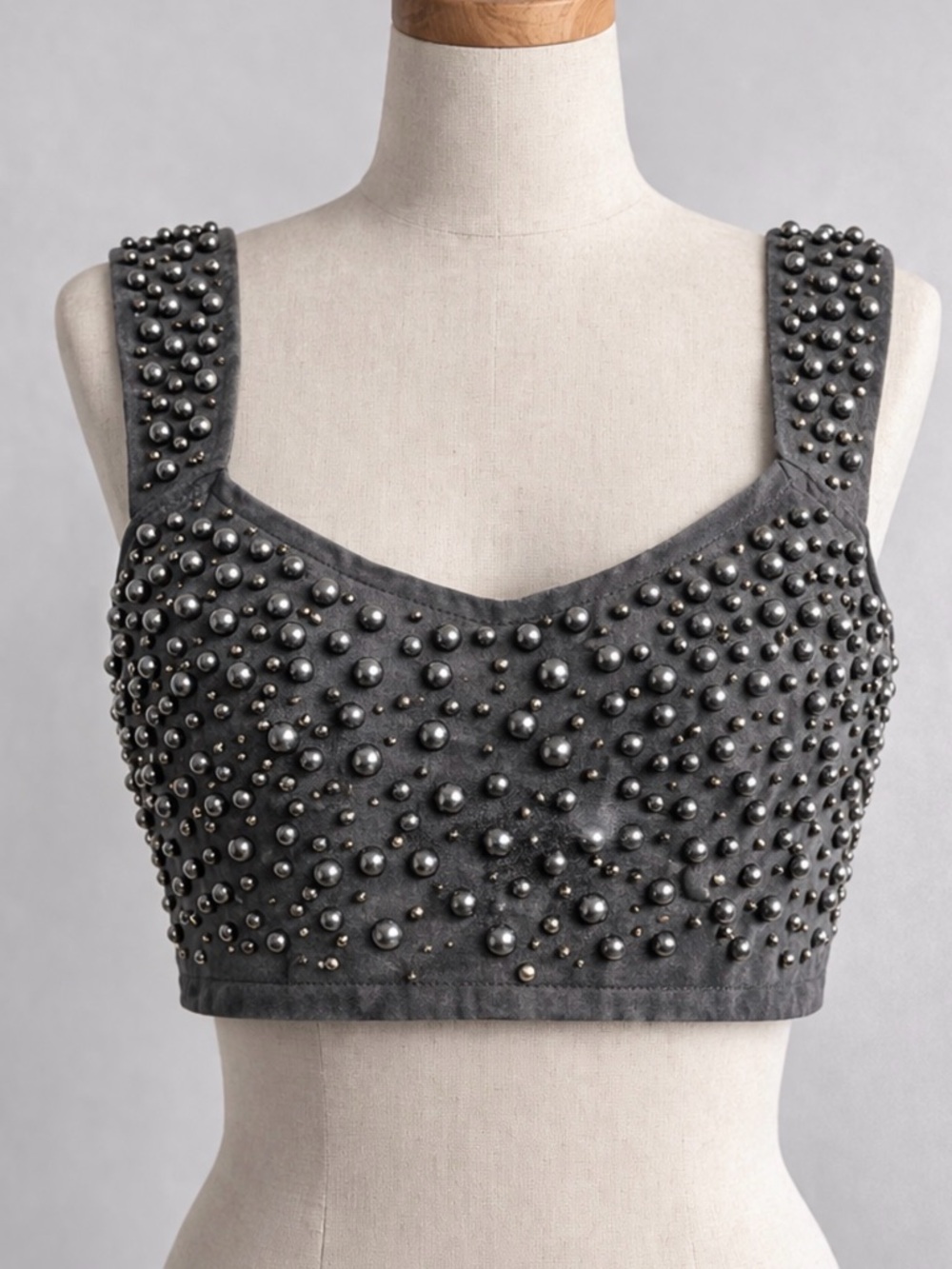 Anthropologie Studded Corset Crop Top Gray Zip Back Size 6